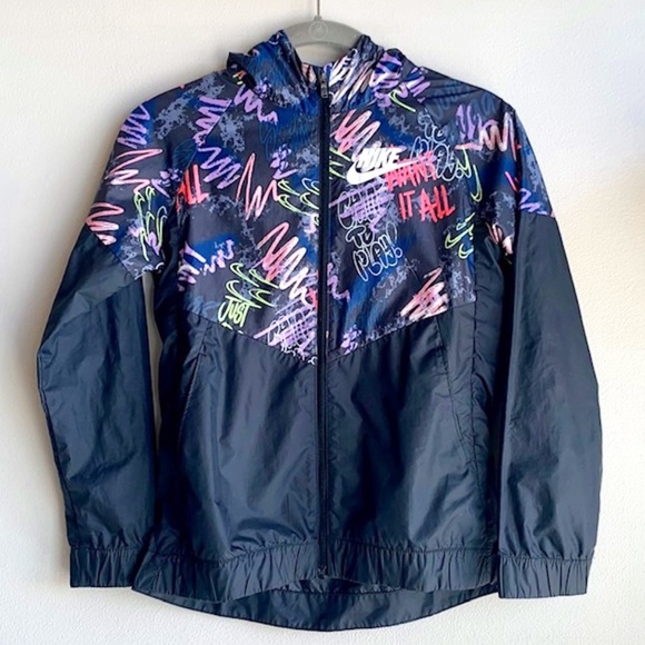 NIKE Nike Black Graffiti Lightweight Jacket with Hood SIZE M - Picture 1 of 8